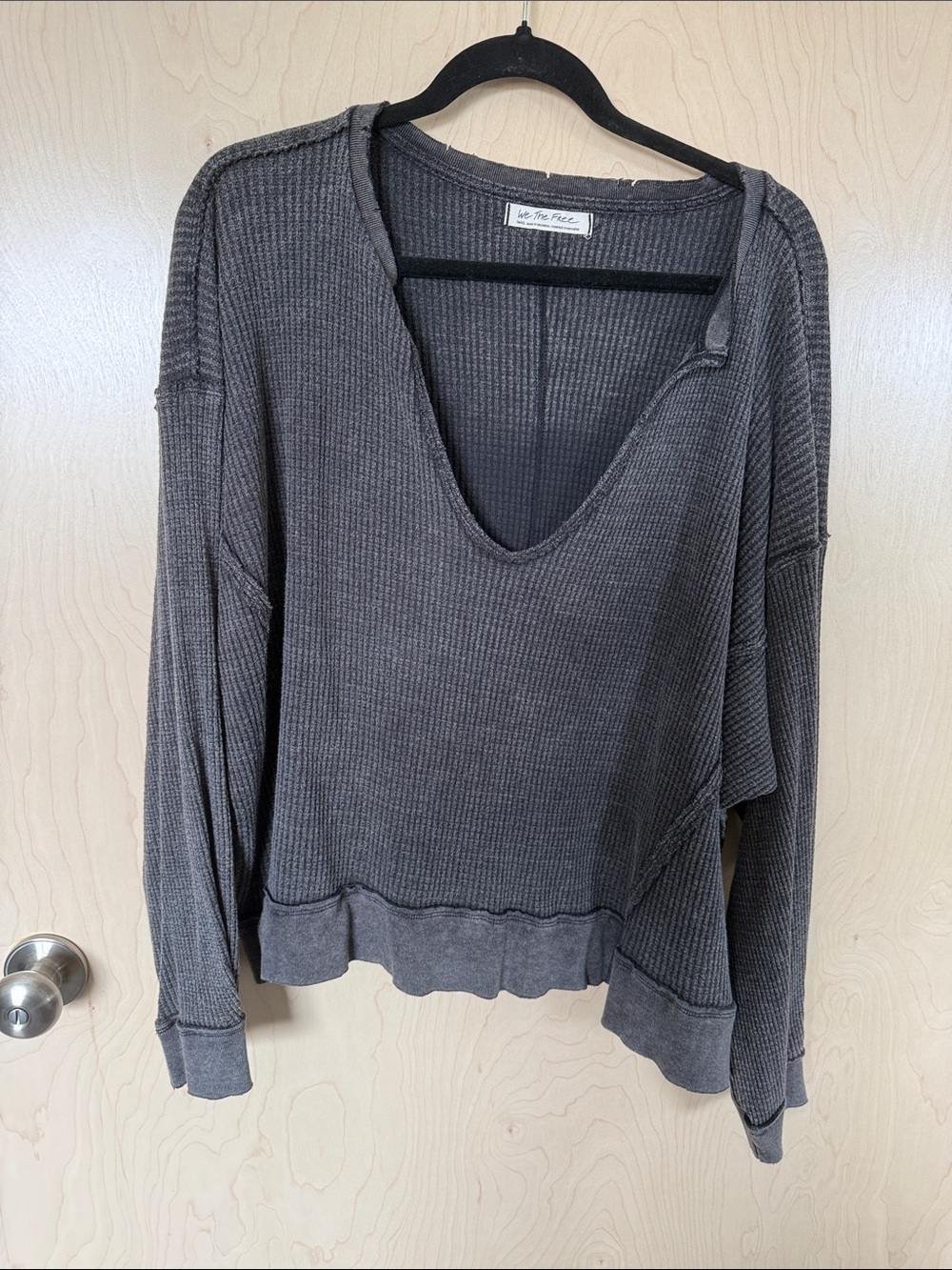 Free People Washed V-Neck Waffle Pullover - Charcoal Gray